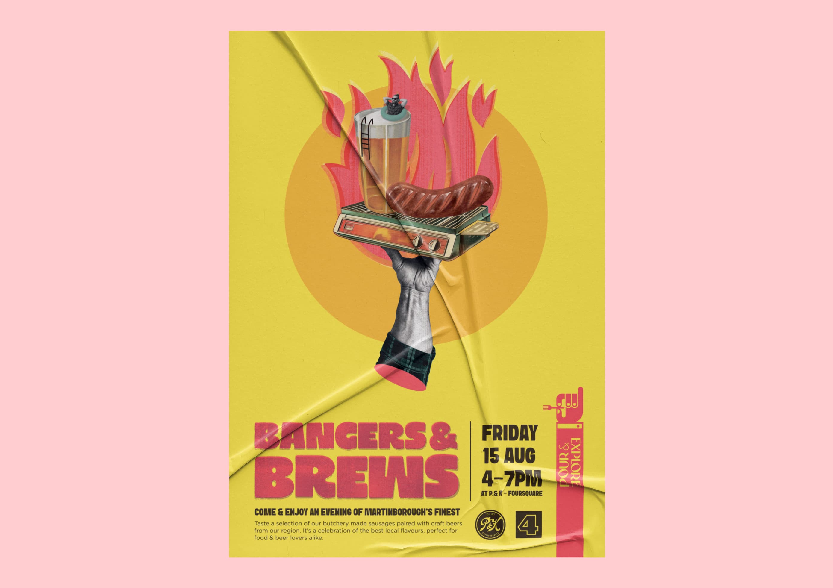 Pour & Explore - Bangers & Brews Poster Design - Pain & Kershaw